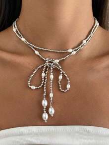 1 pieza Collar largo de moda con perlas falsas y geometría , joyería lujosa y elegante para uso diario/fiesta, regalo para mujeres - cuello - Ver 7