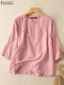 ZANZEA, camisas Vintage de verano, blusa elegante de trabajo OL para mujer, Tops con manga 3/4 y cuello redondo, Blusas bordadas para mujer, Chemsie informal de algodón - Rosa - Ver 1