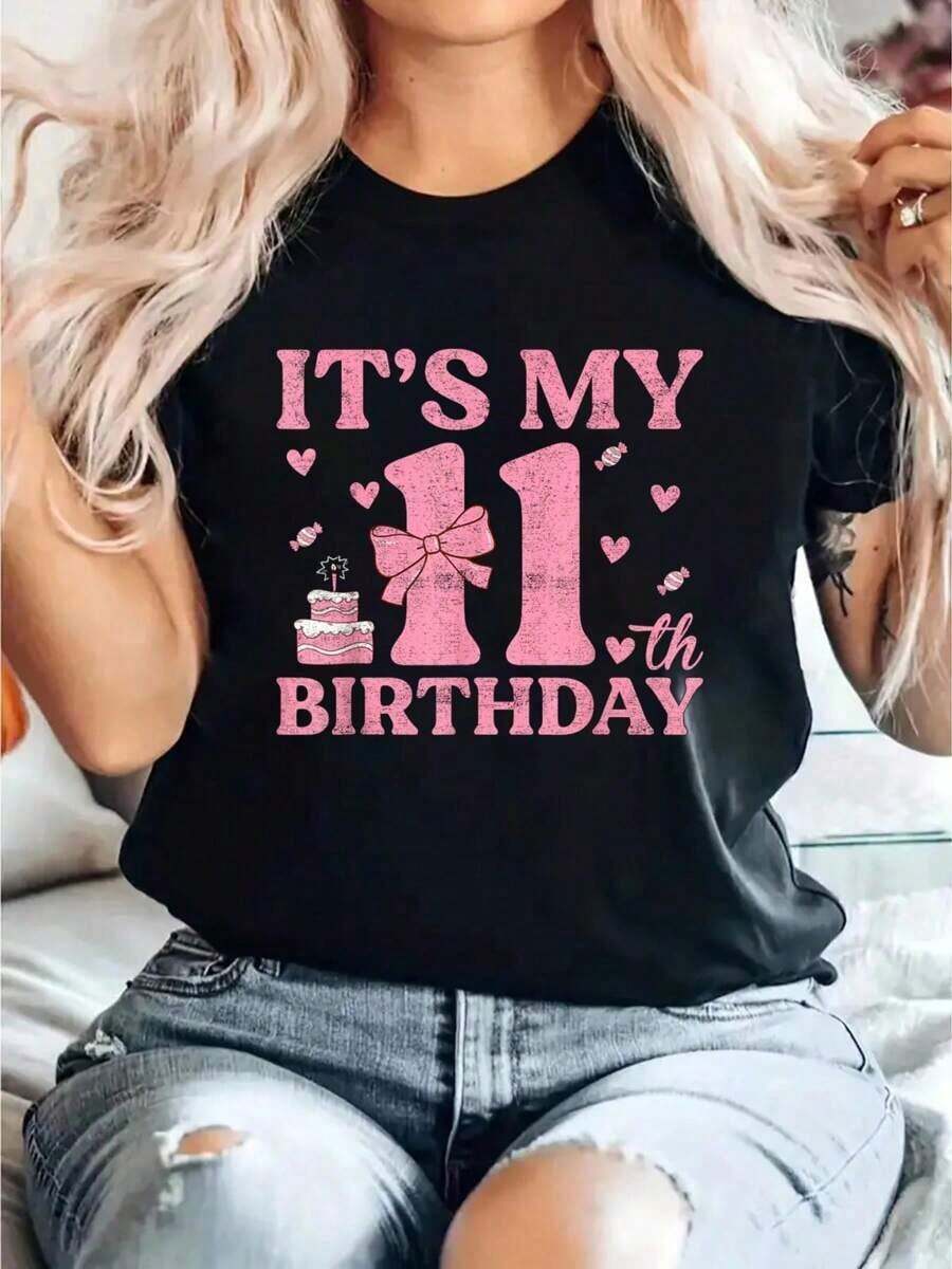 It's My 11th Birthday, Aesthetic Birthday T-Shirt With Pink Bow Coquette Style, Y2K Style T-Shirt, Summer T-Shirts, Summer Sets, Daily Casual T-Shirts, Summer Short Sleeve Casual T-Shirts. - 黑色 - 查看 1