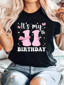 It's My 11th Birthday, Aesthetic Birthday T-Shirt With Pink Bow Coquette Style, Y2K Style T-Shirt, Summer T-Shirts, Summer Sets, Daily Casual T-Shirts, Summer Short Sleeve Casual T-Shirts. - 黑色 4 - 查看 10