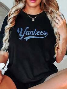 Camiseta de Mujer con Estampado de los , Camisetas Gráficas Versátiles de Navidad, Moda Casual Holgada Deportiva de Verano, Cuello Redondo, Manga Corta, Tops para Mujer - Negro - Ver 1