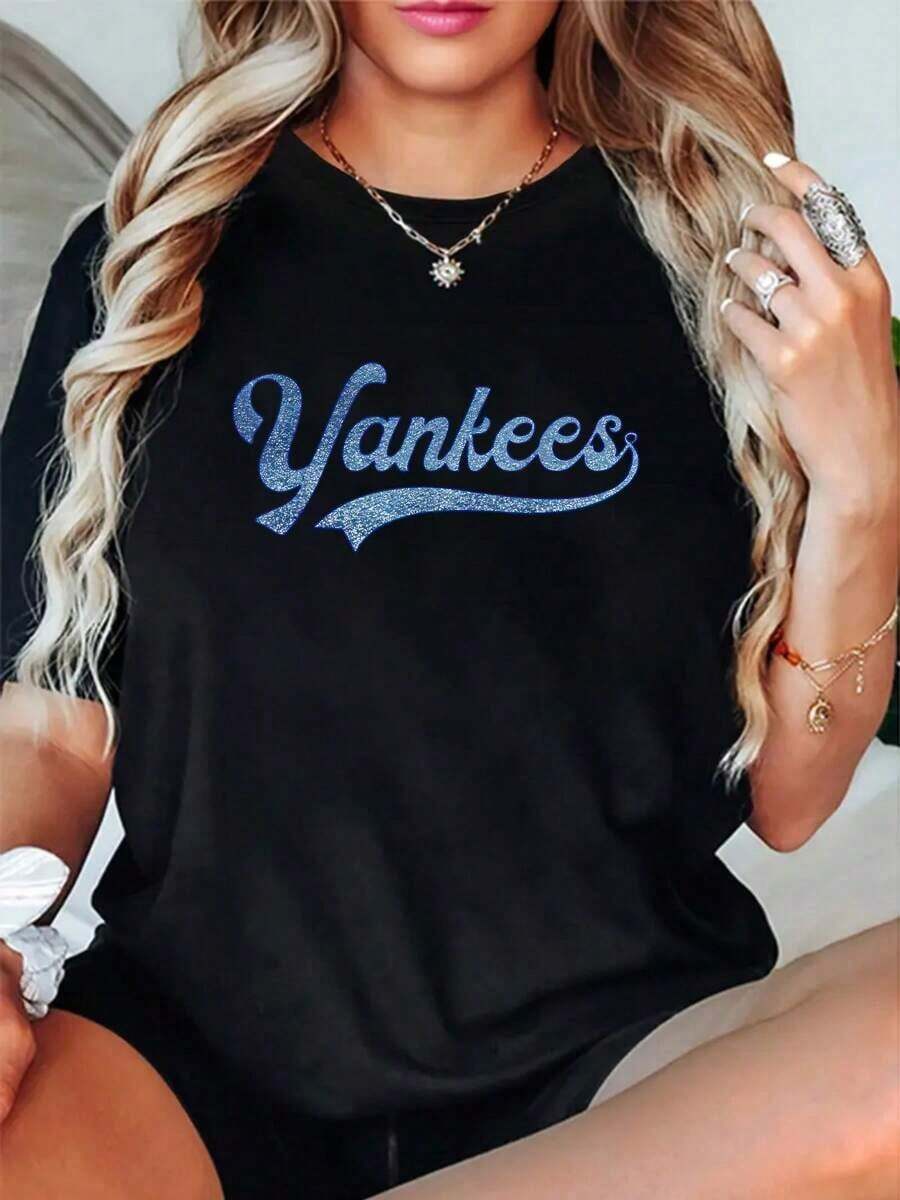 Camiseta de Mujer con Estampado de los , Camisetas Gráficas Versátiles de Navidad, Moda Casual Holgada Deportiva de Verano, Cuello Redondo, Manga Corta, Tops para Mujer - Negro - Ver 1