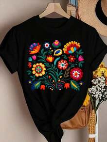 Camiseta de Impresión de Letras de Festival Floral Colorido Mexicano, Top Casual de Manga Corta y Cuello Redondo para Mujeres - Negro - Ver 2