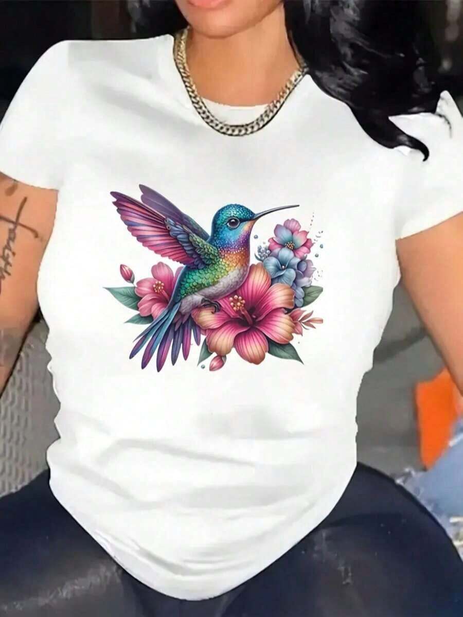 1 piezas de la camiseta de las mujeres, de moda fresco casual camiseta cuello de la tripulación con letras impresas, ropa de suéter de las mujeres para todas las estaciones (primavera, verano, otoño, invierno), traje para deportes / playa / calle / fiesta, como regalo para él / ella, amigos-180g y 100% algodón (S-3XL, Envío local) - flores blancas - Ver 1