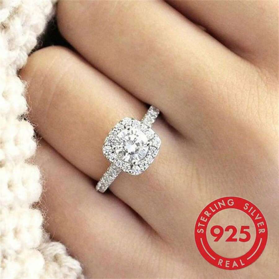 Nhẫn vuông hình học bạc Sterling 925 đính đá Cubic Zirconia, Quà tặng trang sức chất lượng cao cho phụ nữ - Bạc - Xem 1
