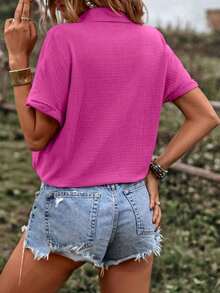 Camisa de verano para mujer, casual, suelta, de un solo botón y unicolor - Rojo violeta - Ver 2