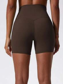 1 pieza Pantalones cortos de yoga elásticos de color nude, adecuados para correr, fitness, ciclismo y otros deportes, pantalones cortos ajustados transpirables y de secado rápido para mujeres en color negro - Café integral - Ver 3