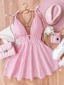 Qadelle Vestido de moda para mujer con volantes en el bajo y cintura con lazo, adecuado para citas - Rosa - Ver 1