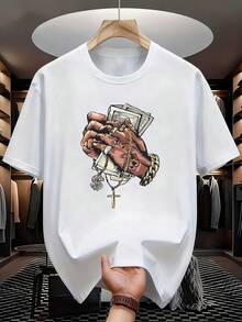 Printed T-Shirt, White, Crew Neck, Short Sleeves, Urban Style With A Print Of Praying Hands, A Chain, And A Cross. Loose And Casual Fit For Summer. Ideal For Parties And Family Vacations, Suitable For Both Parties And Everyday Wear. - 白色 - 查看 1