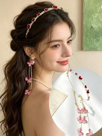 1 pieza Diadema con corazón de strass para mujer, elegante aro para el cabello con corazón y borla de mariposa, adecuado para sesiones de fotos, actuaciones, bodas, damas de honor