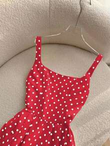 Vestido largo de tirantes finos con estampado de lunares en estilo vintage francés para playa y vacaciones - Rojo - Ver 3