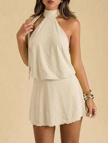 Vestido casual de verano para mujer de unicolor con hombros descubiertos - Albaricoque 2 - Ver 3