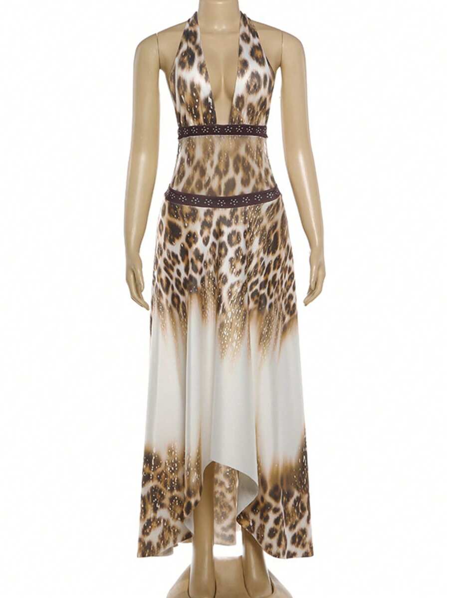 Kliou Leopard Print Sexy Backless Long Dress Woman Summer Bandage Halter Deep V-Neck Sleeveless Evening Club Party Fashion Bodycon - Brown - View 1