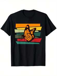 Camiseta para dama con diseño de mariposa monarca sobre rayas retro,tela suave 220g,estilo casual y moderno,ideal para cualquier ocasión. - Negro - Ver 1