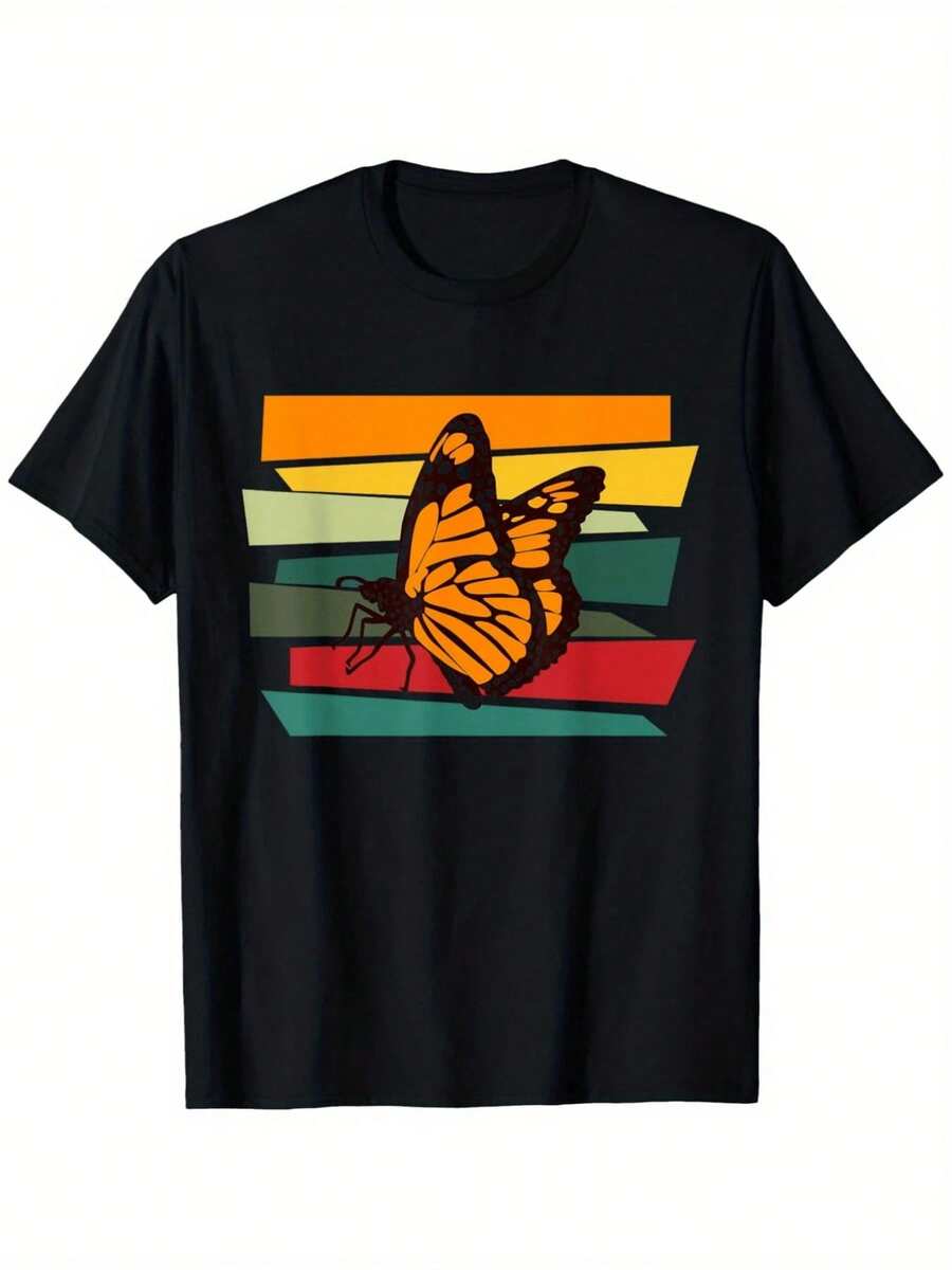 Camiseta para dama con diseño de mariposa monarca sobre rayas retro,tela suave 220g,estilo casual y moderno,ideal para cualquier ocasión. - Negro - Ver 1
