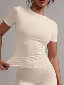 de manga corta y cuello redondo, blanca y sólida, ajustada y deportiva, para mujer, verano, modelo 2025 - Avena - Ver 6