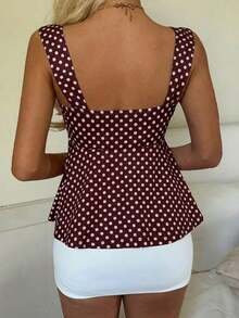 Nueva Colección Primavera/Verano 2026 para Mujer: Blusa/Top sin Mangas con Volantes y Cordón Ajustable, Estampado de Lunares Marrones, Estilo Casual y Versátil, Top de Verano - Marrón - Ver 5