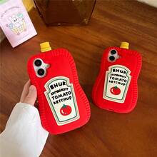 Funny Tomato Bottle Design 16/15 Apple 14 Pro Phone Case, 13 Pro Max 3D Cartoon Niche Quirky Full Coverage Soft Silicone Protective Cover, Creative Personalized Case For Women - Tomato Sauce - View 6