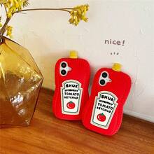 Funny Tomato Bottle Design 16/15 Apple 14 Pro Phone Case, 13 Pro Max 3D Cartoon Niche Quirky Full Coverage Soft Silicone Protective Cover, Creative Personalized Case For Women - Tomato Sauce - View 8