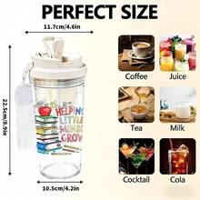 1/5pcs 500ml Plastic Teacher-Themed Cup With Straw, Strap And Leak-Proof Lid, Featuring "Help Kids Grow" Text, Book Stack And Apple Graphics, Transparent Iced Coffee Cup, Ideal For Daily Use, Great Teacher's Day Gift For Educators - Multicolored - Piled-up Books - View 7