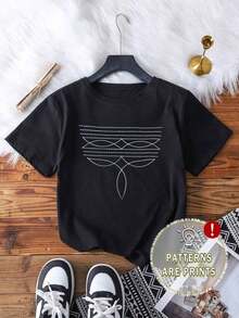 Camiseta de manga corta de cuello redondo casual con estampado gráfico de puntada de bota occidental, linda camiseta country boho de vaquera como regalo, negra de verano - Negro - Ver 7