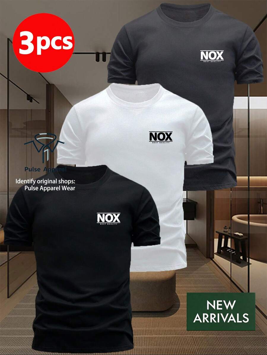 Single Item, Not A 3-Piece Set. This Short-Sleeved T-Shirt Set Is Stylish And Minimalist, Featuring A Prominent "NOX" Logo And The Word "QUALITY" On The Front. The Clean Design Lines Highlight The Competent Aura Of The Modern Urban . Available In Three Classic Colors. - 黑色 - 查看 1