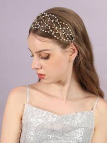 1pc Gold Crystal Rhinestone Headband, Crown Tiara Jewelry Hair Accessory, Gift For Party, Wedding, Bride - Gold - View 4