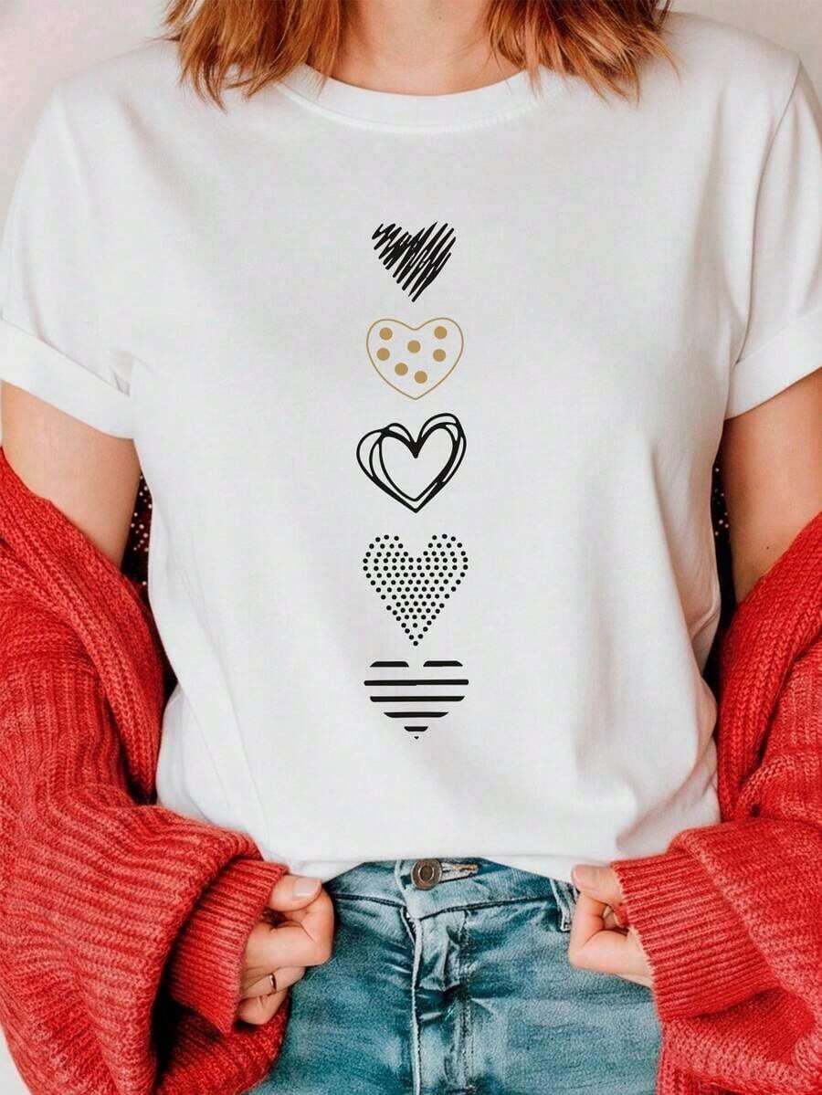Camiseta para mujer 100% algodón con textura suave y cómoda, cuello redondo y manga corta ideal para toda ocasión con estampado de corazones Festividades - Blanco - Ver 1