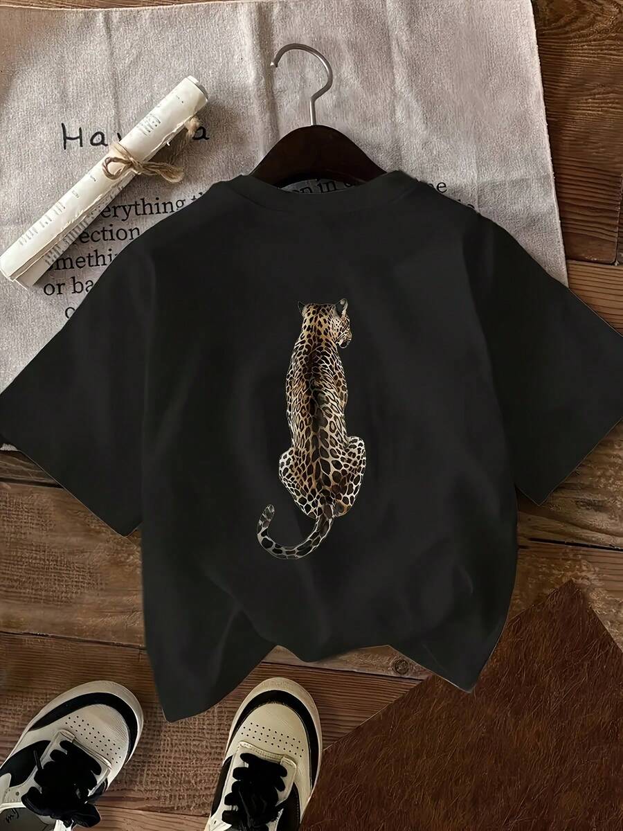 Women's Leopard Print Round Neck Short Sleeve Casual Sports T-Shirt For Summer - Black - View 1