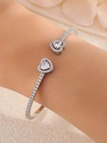1 chiếc vòng tay dạng mở, thiết kế mỏng hình trái tim đôi thời trang, đính đá Zirconia siêu nhỏ trên chất liệu đồng, thích hợp để đeo hàng ngày và làm quà tặng ngày Valentine. - trắng - Xem 2