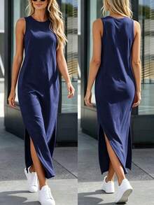 Vestido de punto casual de mujer con cuello redondo y dobladillo con abertura lateral en gris claro - Azul marino - Ver 7