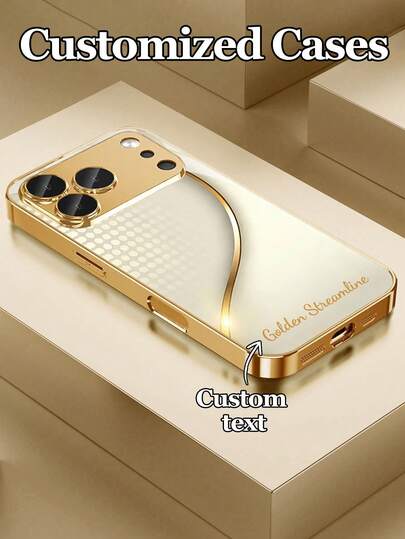 1 pieza Funda de teléfono de vidrio templado chapada en oro con diseño de línea fluida personalizable, adecuada para iPhone 17 Pro Max/17 Air/16/15/13/12/11/XS Max/6 7 8 Plus, de alta gama, discreta, elegante, personalización empresarial premium, moda de lujo, protector de lente incorporado, regalo de vacaciones, regalo de cumpleaños, parejas, mascotas, amigos, compañeros de clase, hermanos, familia