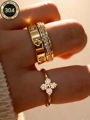2026 New 14K Gold 3-Diamond & 8-Diamond Pave Square Ring, Fashionable & Creative, Waterproof Stainless Steel Won't Fade, Suitable For Daily Wear, Parties, Mother's Day Gift