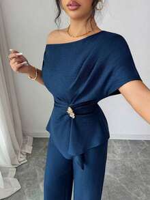 Elenzya Elegante y urbano conjunto de primavera/verano para mujer con pantalón ancho de una sola manga con hebilla metálica en la cintura, adecuado para uso diario, bodas, galas, ir al trabajo, fiestas de graduación, vacaciones, citas, fiestas, Halloween, Navidad, Año Nuevo, Acción de Gracias, bodas - Azul marino - Ver 6