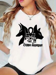 Camiseta de Verano para Mujer - Diseño Moderno con Patrón de Anubis, Manga Corta, Cómoda y Elegante - Blanco - Ver 2