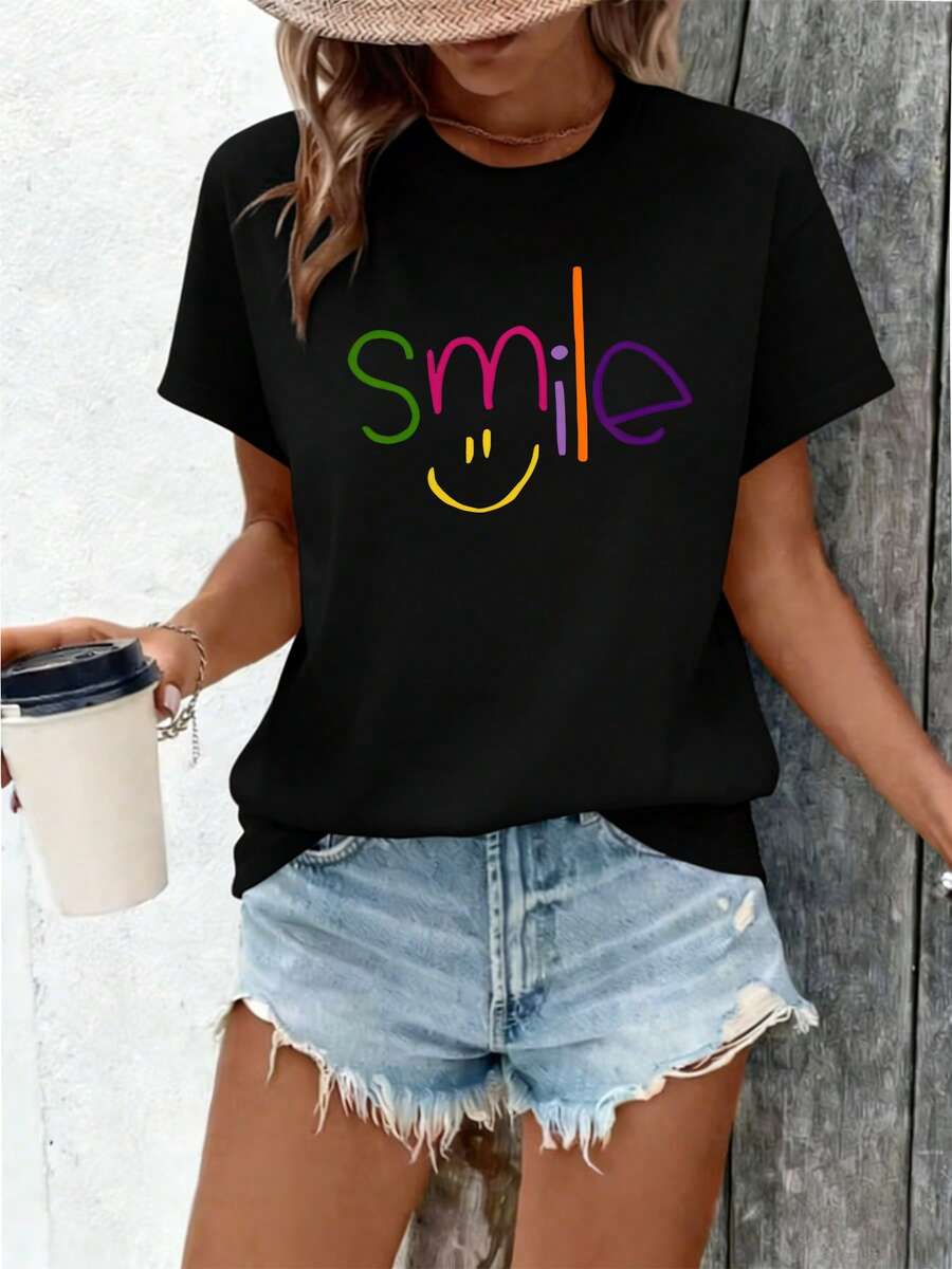 GiftGiftGiftGiftPlus Talla Grande, Texto Colorido con la "sonrisa" y la letra "i" Diseñado como un Patrón de Cara Sonriente Amarilla. Nueva Camiseta de Verano de Manga Corta para Mujer, Camiseta Estampada Casual y a la Moda para Mujer, Ropa Elegante para MujerSoftSoft - Negro - Ver 1