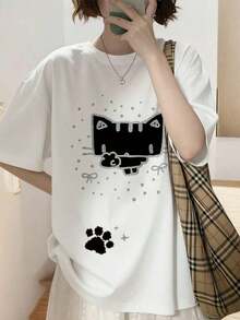 Camiseta casual holgada de manga corta con cuello redondo y estampado de gato de dibujos animados, versátil para mujeres en primavera/verano, blanca. Adecuada como regalo. playera de mujer. blusas > elegante. boho chic. - Blanco - Ver 2
