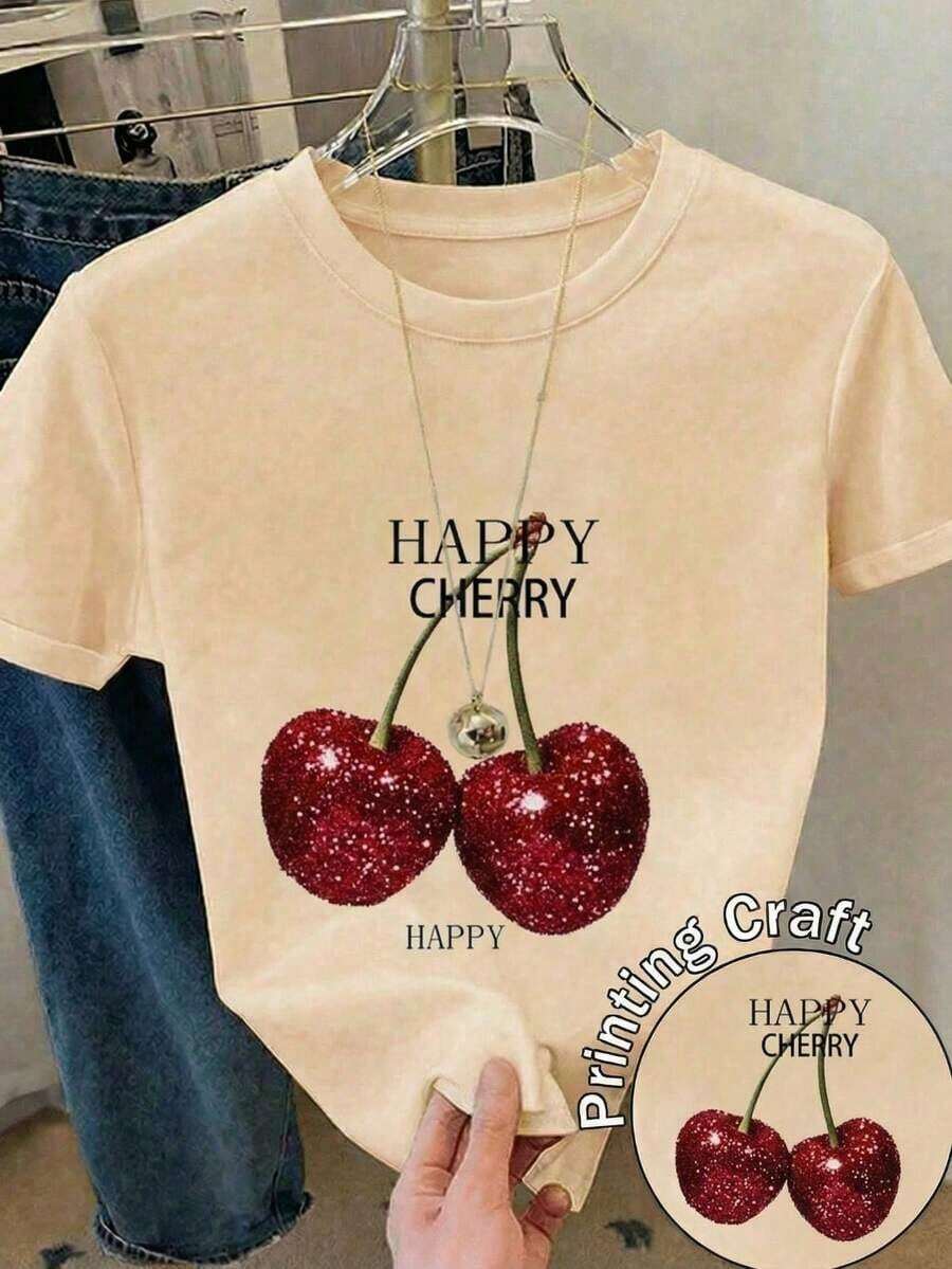 Camiseta suave 100% algodón. Camiseta casual de manga corta con cuello redondo para mujer, con estampado de cerezas felices, corte regular, ideal para el estilo diario. Camiseta de algodón transpirable, combina con todo. - Albaricoque - Ver 1