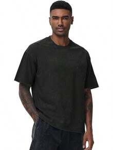 Men's Oversized Cotton T-Shirts Loose Fit Vintage Washed Tee Unisex Short Sleeve Casual Shirts Tops - 黑色 - 查看 2