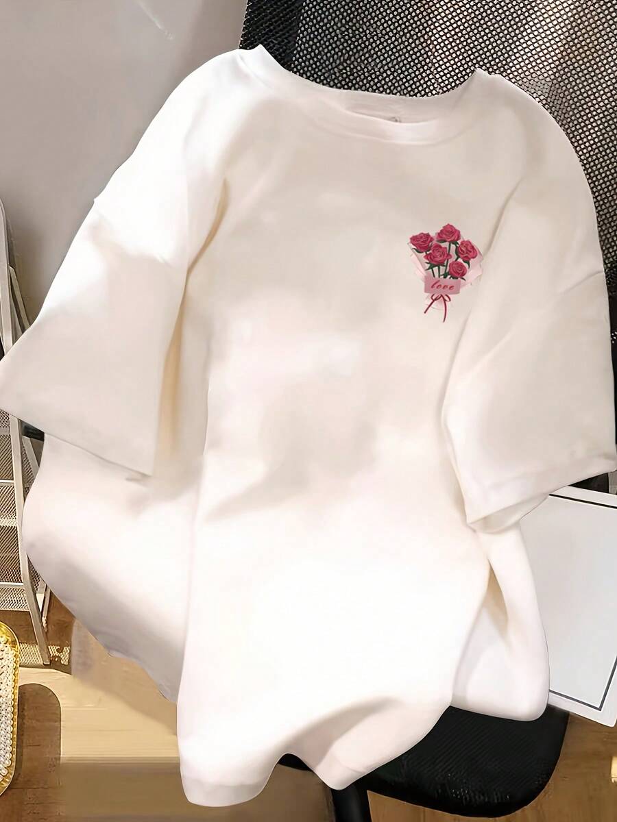 Women's T-Shirt, 100% Cotton, White, Thick Fabric, Casual Style, Short Sleeve, New Summer Style With Unique Rose Print, Loose Fit, Half Sleeve, Lightweight, Breathable, Summer Hit - 白色 - 查看 1