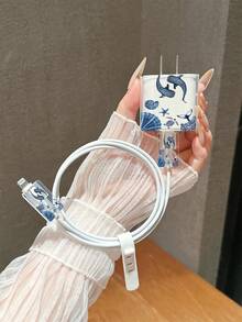 极简海洋图案充电适配器保护套，适用于20W 15充电数据线、 16 Pro/17 Pro Max手机数据线、 13/14 Plus保护壳，防弯折防猫咬 - 彩色 - 查看 2