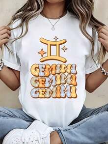 Fashionable Women's T-Shirt With Gemini Zodiac Sign Graphic Print, Casual Clothing For Daily Outfits And Astrology Lovers, Maija, Elegant Short Sleeve For Women. - 白色 - 查看 2