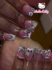 Sanrio Hello Kitty 24 peças Unhas Postiças Quadradas Curtas 3D com Estampa de Vaca e Ponta Francesa Branca, com Decoração Tridimensional Fofa de Hello Kitty, Coração, Linhas, Unhas, Laço, Pérola e Strass, Estilo Menina Rosa, Conjunto Perfeito de Unhas Postiças, Incluindo 1 Cola de Gelatina e 1 Lixa de Unhas, Unhas Sanrio para Uso no Dia a Dia, Festa e Reunião - Multicolorido - Visão 8