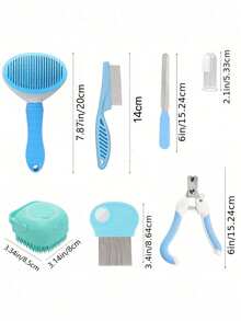 8 piezas Kit de herramientas para el aseo de mascotas, Juego de aseo de mascotas de autolimpieza que incluye cortaúñas, peine antipulgas, cepillo de baño, cepillo desechador, cepillo de dientes de silicona - Azul - Ver 11