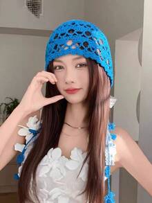 1 chiếc mũ len dệt kim có nơ ren và tua rua, kiểu dáng boho rỗng ruột, làm thủ công, phụ kiện đội đầu. - Nhiều màu - Xem 3