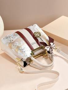 Women's Oriental Crane Jacquard Handbag Set, Crossbody Shoulder Bag With Silk Scarf Decoration, Suitable As Mother's Day Gift - Khaki - View 5