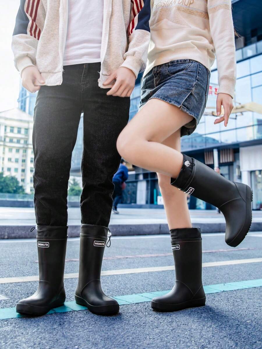 男女通用时尚中筒雨靴,防水防滑雨靴,适合洗车、钓鱼、厨房工作、户外运动等场合 - 黑色 - 查看 1