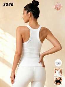 2pcs Versatile Round Neck Sexy Minimalist Camisole, Breathable Fitted Backless Casual Sports Tank Top With Padding - Multicolor - View 2
