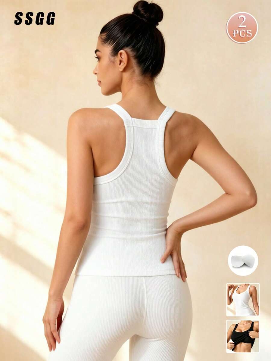 2pcs Versatile Round Neck Sexy Minimalist Camisole, Breathable Fitted Backless Casual Sports Tank Top With Padding