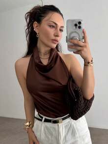 性感露背纯色百搭女士吊带背心，优雅时尚晚礼服女士缎面吊带背心，夏季必备 - 咖啡棕 - 查看 6